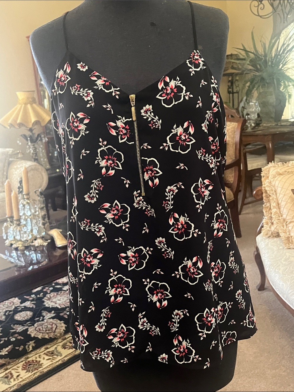 Express Black Floral Spaghetti-Strap Camisole with Front Zip